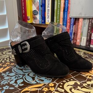 Black Suede Heeled Mules with Decorative Buckle. Sz: 8